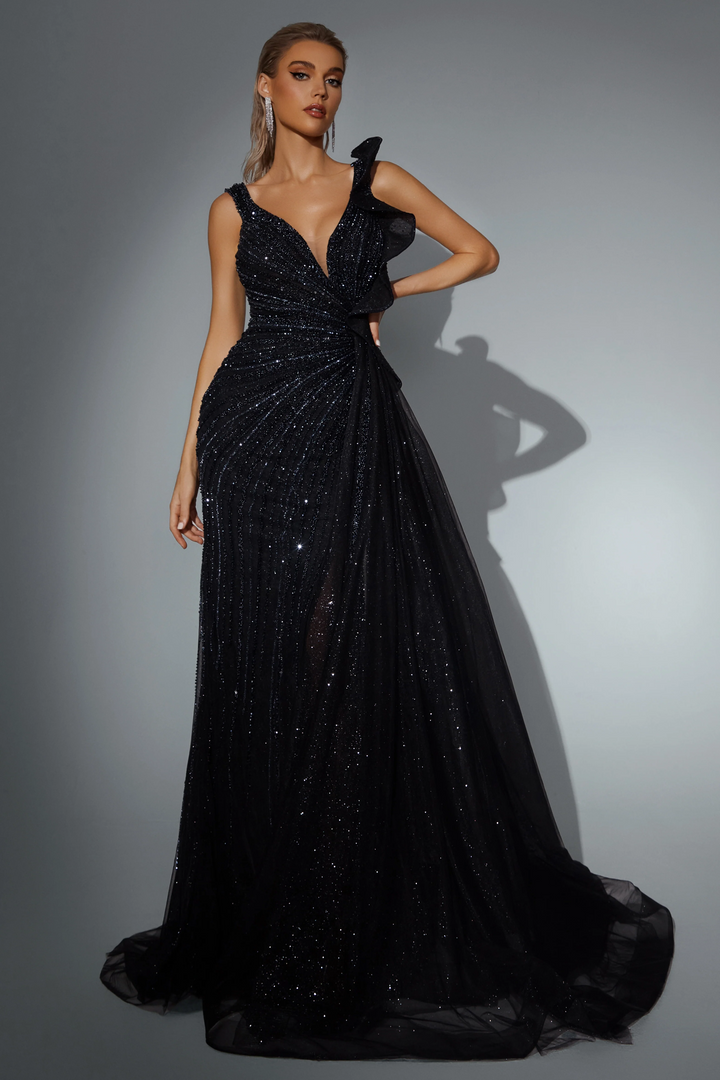 Gothic Black Glitter Embellished Evening Gown with Draped Shoulder Detail - Black Designer Sequin Gown with High Slit Plus Size