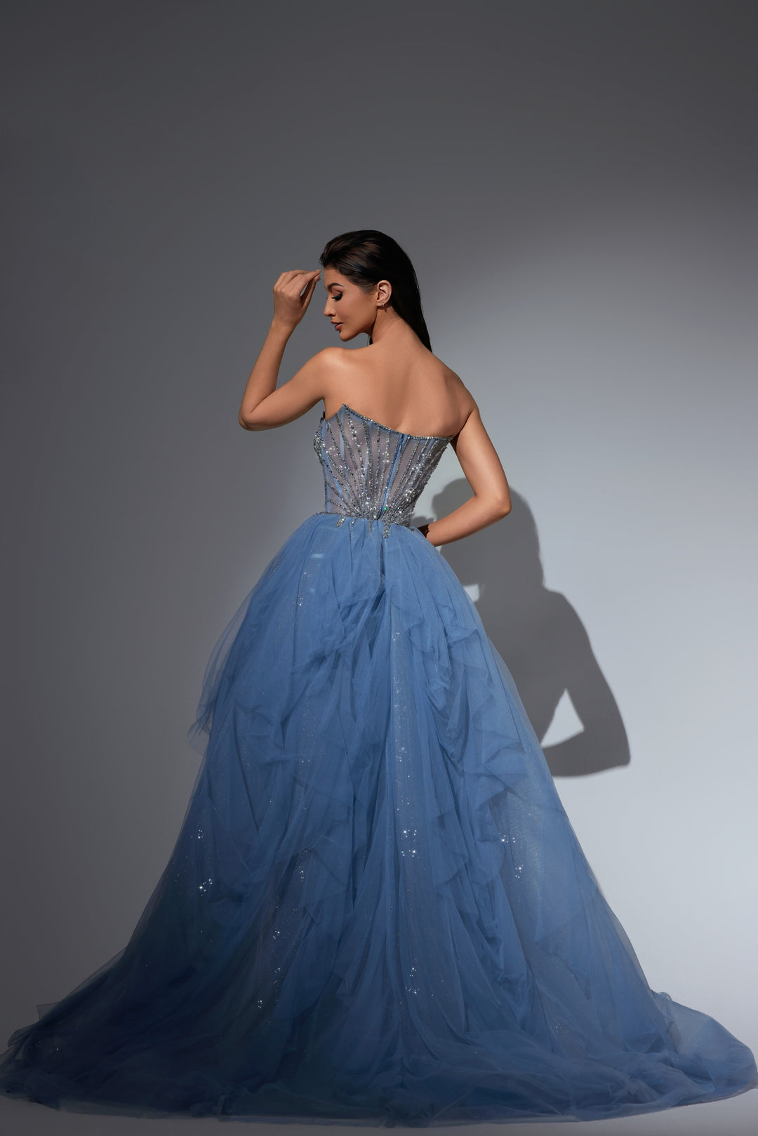 Champagne Sequin Dress with Strapless Bodice and Overskirt – Strapless Glitter Dress with Tulle Plus Size