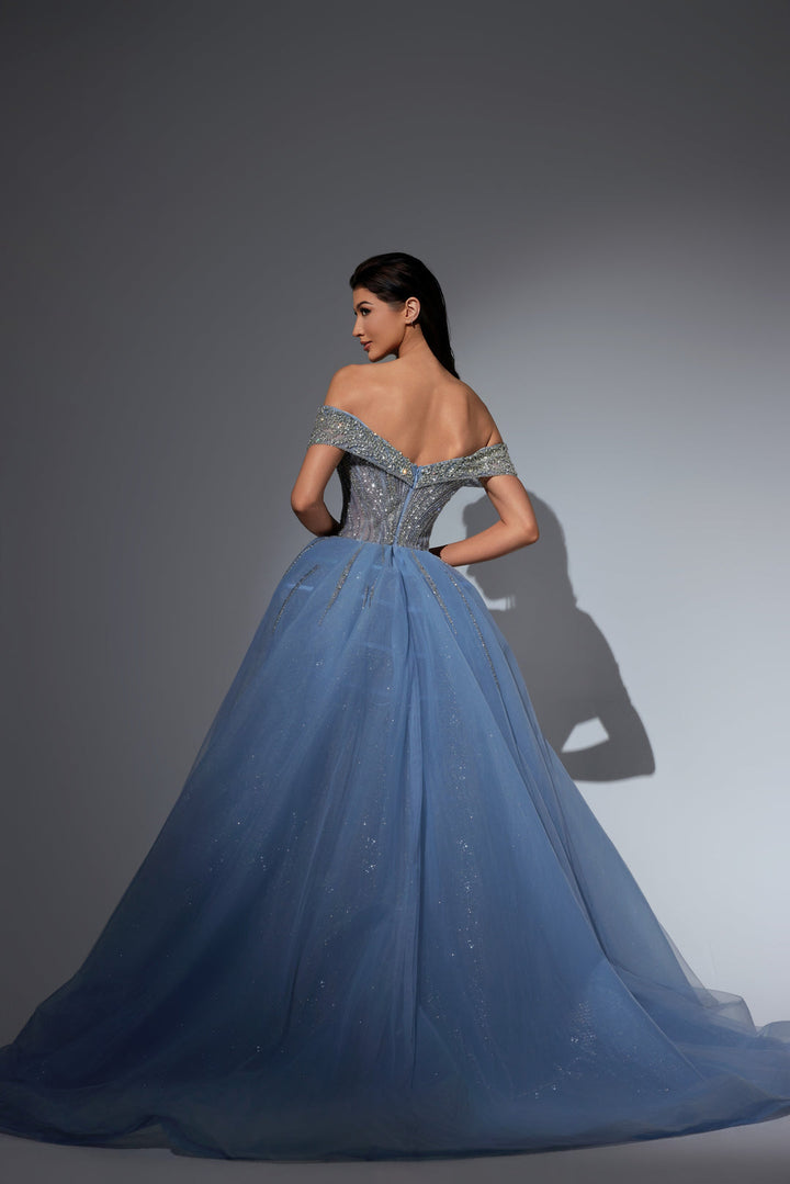 Champagne Sequin Dress with Off Shoulder Bodice and Overskirt – Sequin Ball Gown Plus Size
