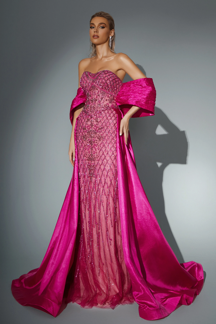 Hot Pink Strapless Glitter Dress with Overskirt - Designer Sequin Gown with Bow Detail - Pink Sequin Dress Plus Size