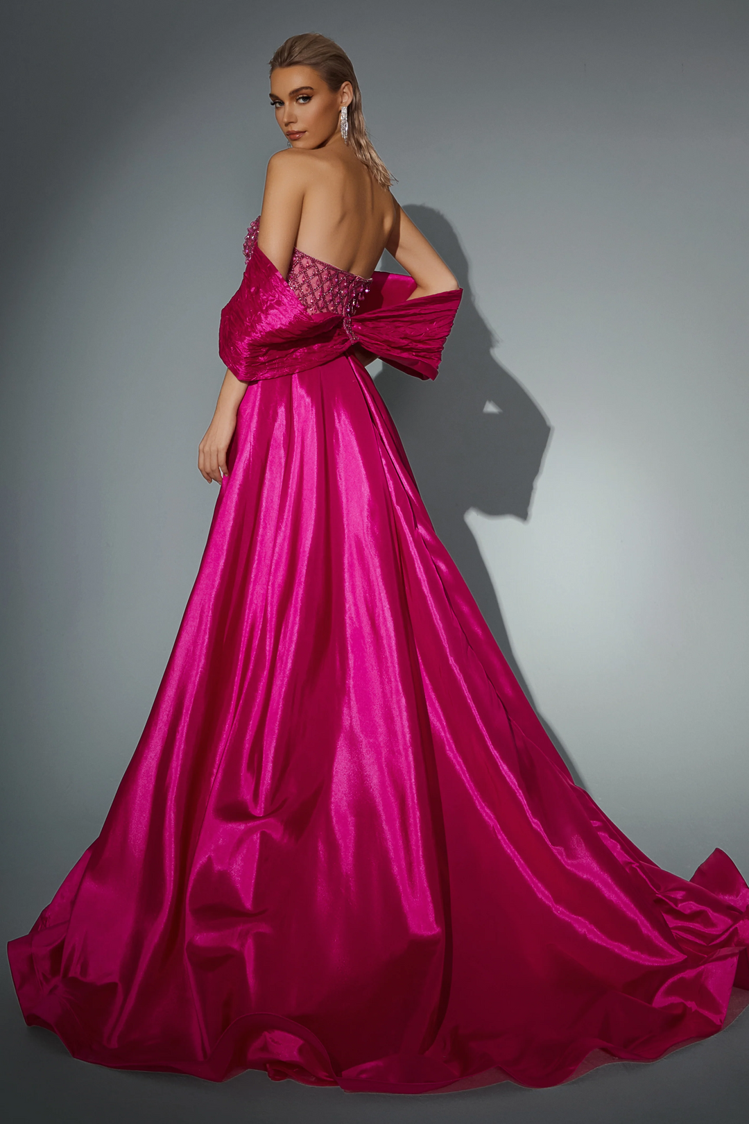 Hot Pink Strapless Glitter Dress with Overskirt - Designer Sequin Gown with Bow Detail - Pink Sequin Dress Plus Size