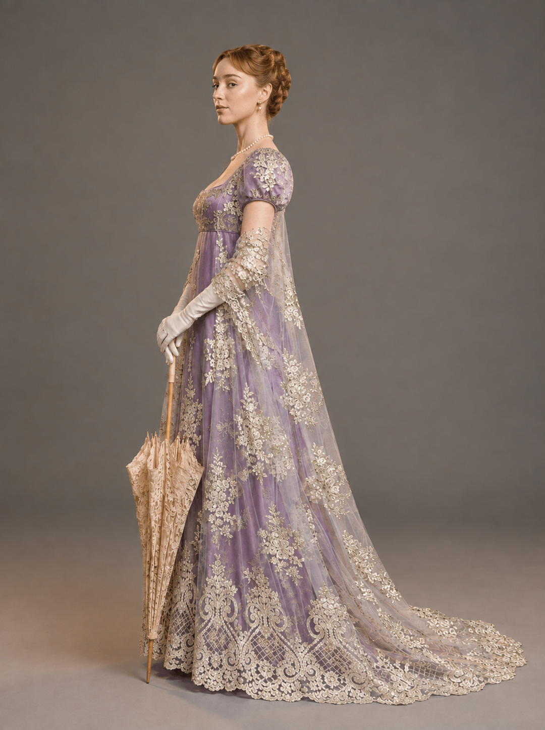 Bridgerton Daphne Inspired Regency Empire Waist Purple Embroidered Dress with Puff Sleeve Plus Size