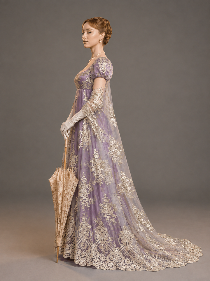 Bridgerton Daphne Inspired Regency Empire Waist Purple Embroidered Dress with Puff Sleeve Plus Size