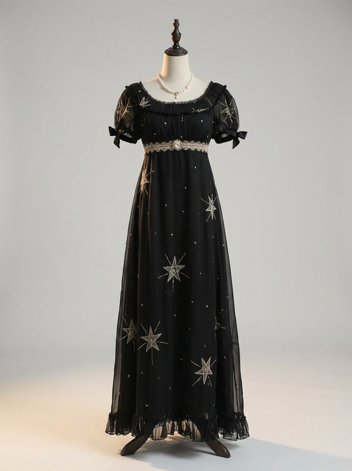 Regency Era Midnight Black Star Embroidered Empire Waist Gown – Bridgerton Inspired Dress Plus Size