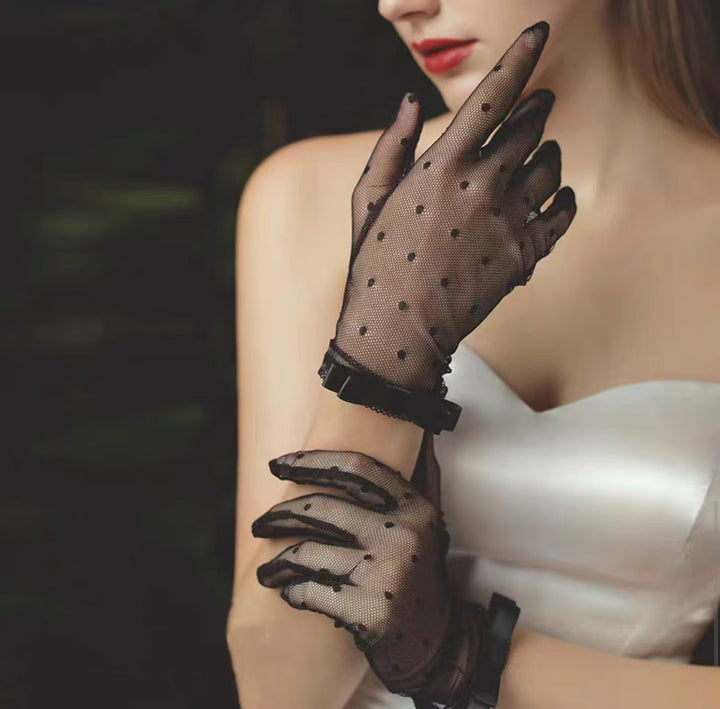 Gothic Black Polka Dot Mesh Gloves with Bow Accent