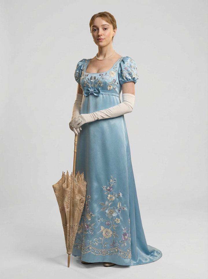Bridgerton Inspired Regency Empire Waist Blue Embroidered Satin Finish Dress with Puff Sleeve and Bow Detail Plus Size