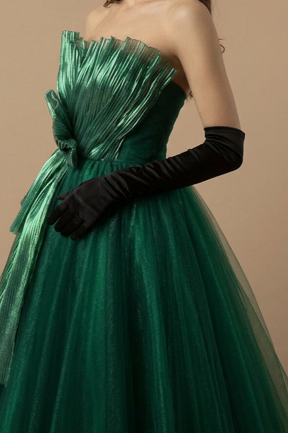 Gothic Emerald Green Ball Gown with Luminous Pleated Accents