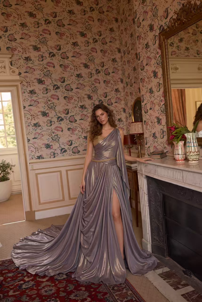 Purple Elf Fantasy Dress - Golden Rome Greek Goddess - Fairy Evening Dress - Plus Size