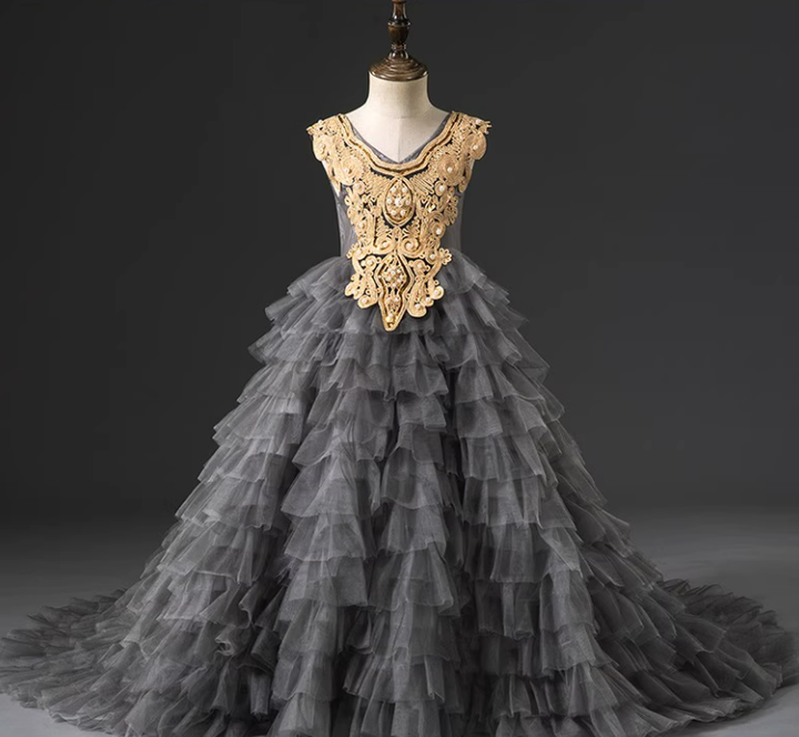 Grey and Gold Layered Tulle Flower Girl Dress with Embroidered Bodice – Lace Flower Girl Dress Plus Size