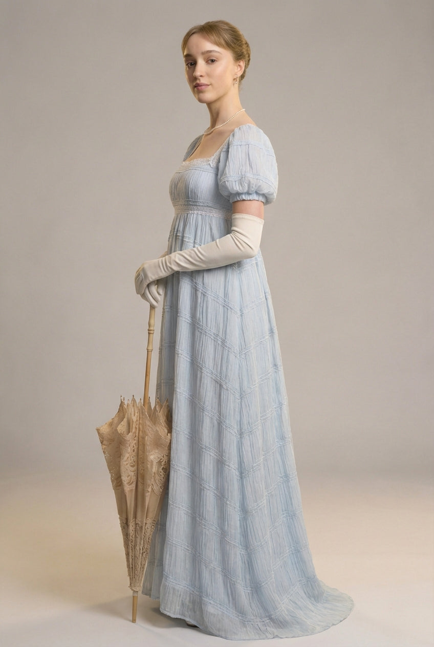 Romantic Regency Era White Blue Dress - Empire Waist Ball Gown Plus Si WonderlandByLilian Romantic Regency Era White Blue Dress - Empire Waist Ball Gown Plus Si WonderlandByLilian