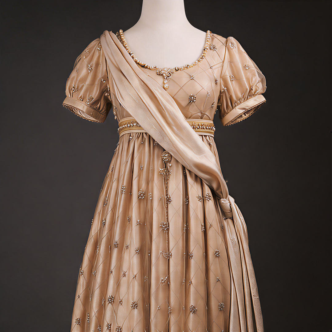 Regency Era Champagne Empire Waist Dress with Gold Beaded Embroidery and Puff Sleeves – Bridgerton Inspired Vintage Gown Plus Size