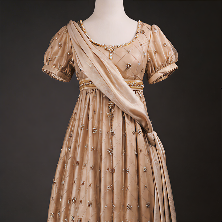 Regency Era Champagne Empire Waist Dress with Gold Beaded Embroidery and Puff Sleeves – Bridgerton Inspired Vintage Gown Plus Size