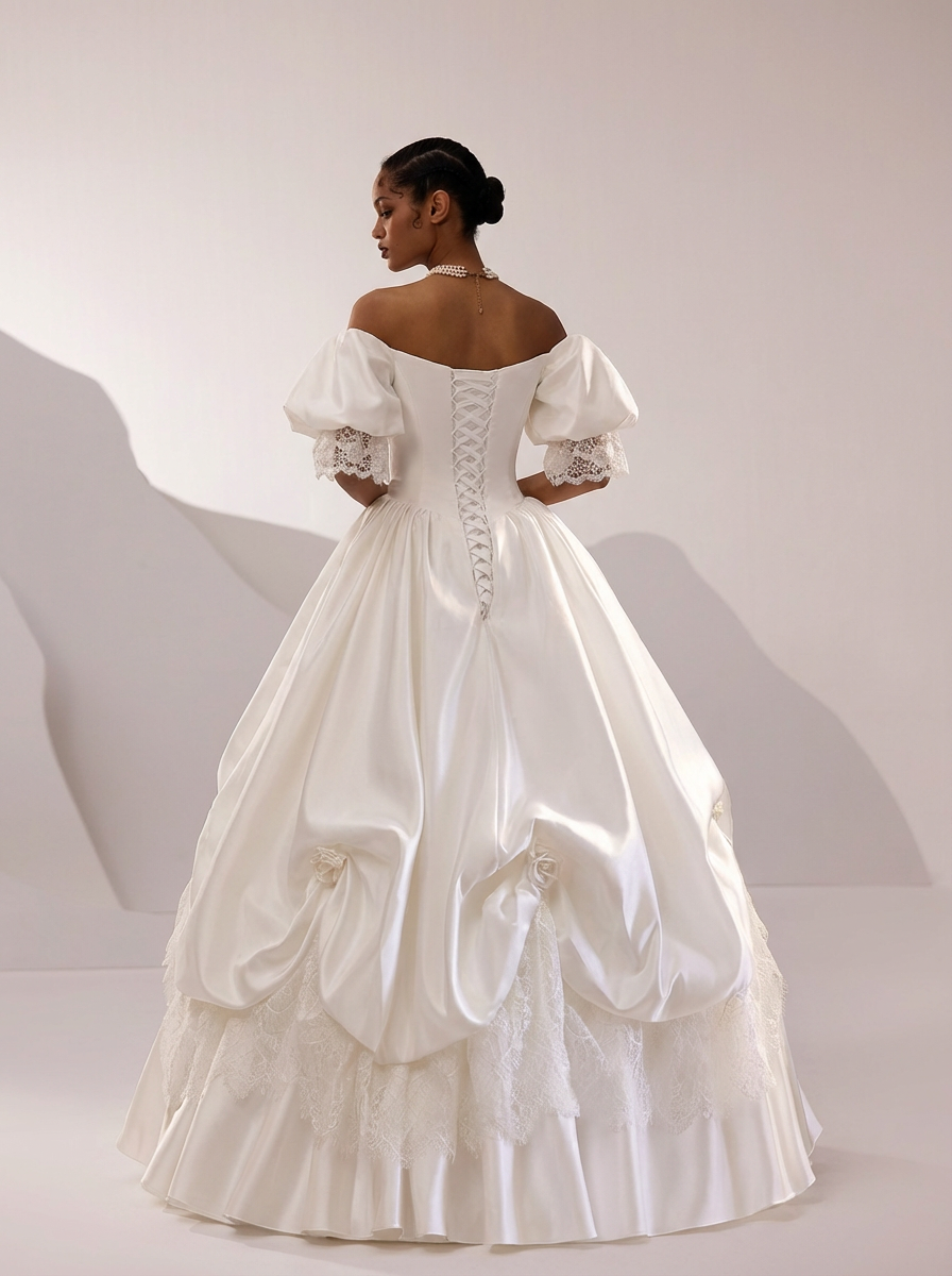 White Satin Wedding Dress with Puff Sleeve –  Lace Wedding Gown Off Shoulder with Ruched Skirt and Corset Plus Size