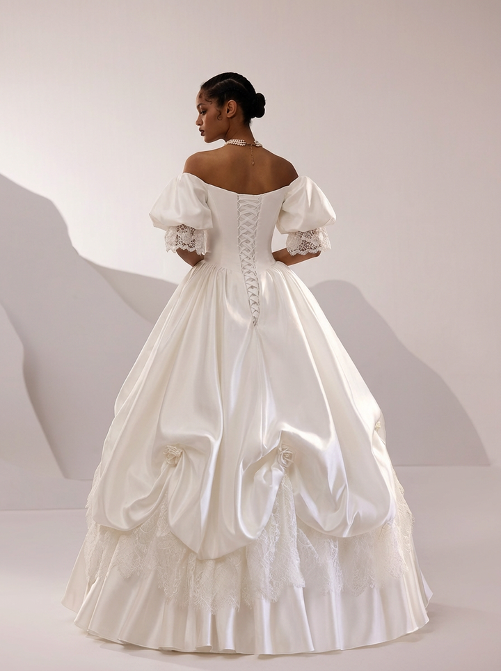 White Satin Wedding Dress with Puff Sleeve –  Lace Wedding Gown Off Shoulder with Ruched Skirt and Corset Plus Size
