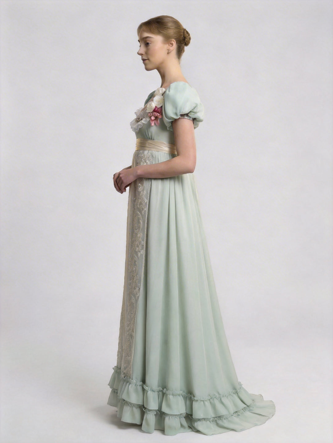 Regency Era Vintage Sage Green Empire Waist Dress – Bridgerton Inspired Embroidered Dress Plus Size