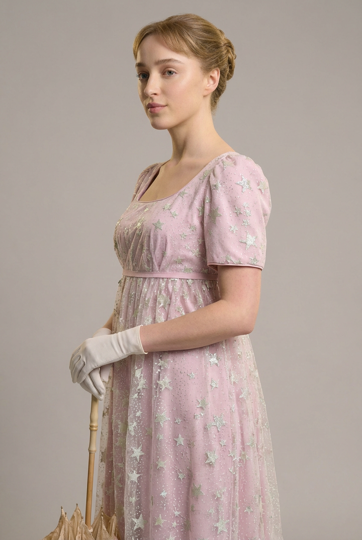 Bridgerton Daphne Pink Dress With Star Sequins - Regency Era Pink Satin Dress Plus Size