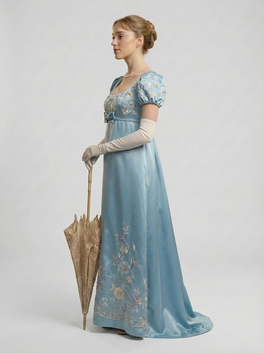 Bridgerton Inspired Regency Empire Waist Blue Embroidered Satin Finish Dress with Puff Sleeve and Bow Detail Plus Size