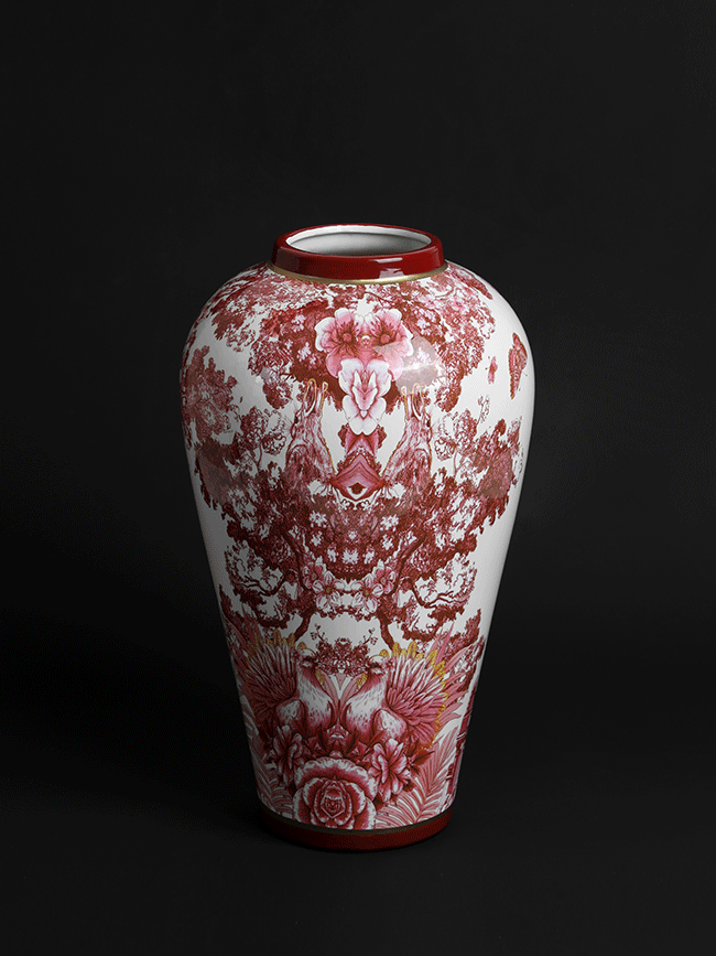 Vintage-Inspired Handmade Italian Red and White Porcelain Vase with Toile de Jouy Design