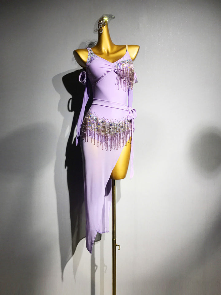 Purple Salsa Dance Dress Lilac Asymmetric Sequin Fringe with Spaghetti Straps – Latin Dance Costumes