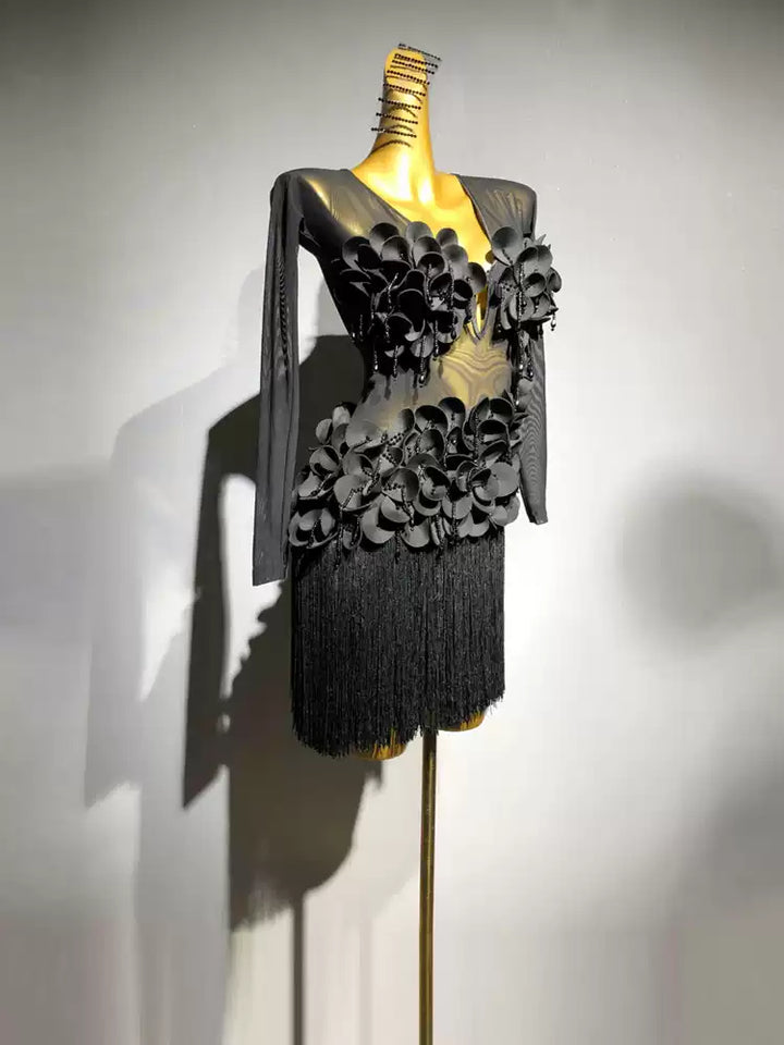 Black Salsa Dance Dress Black Fringe with 3D Appliqué Mesh Long Sleeves – Handmade Latin Dance Costumes