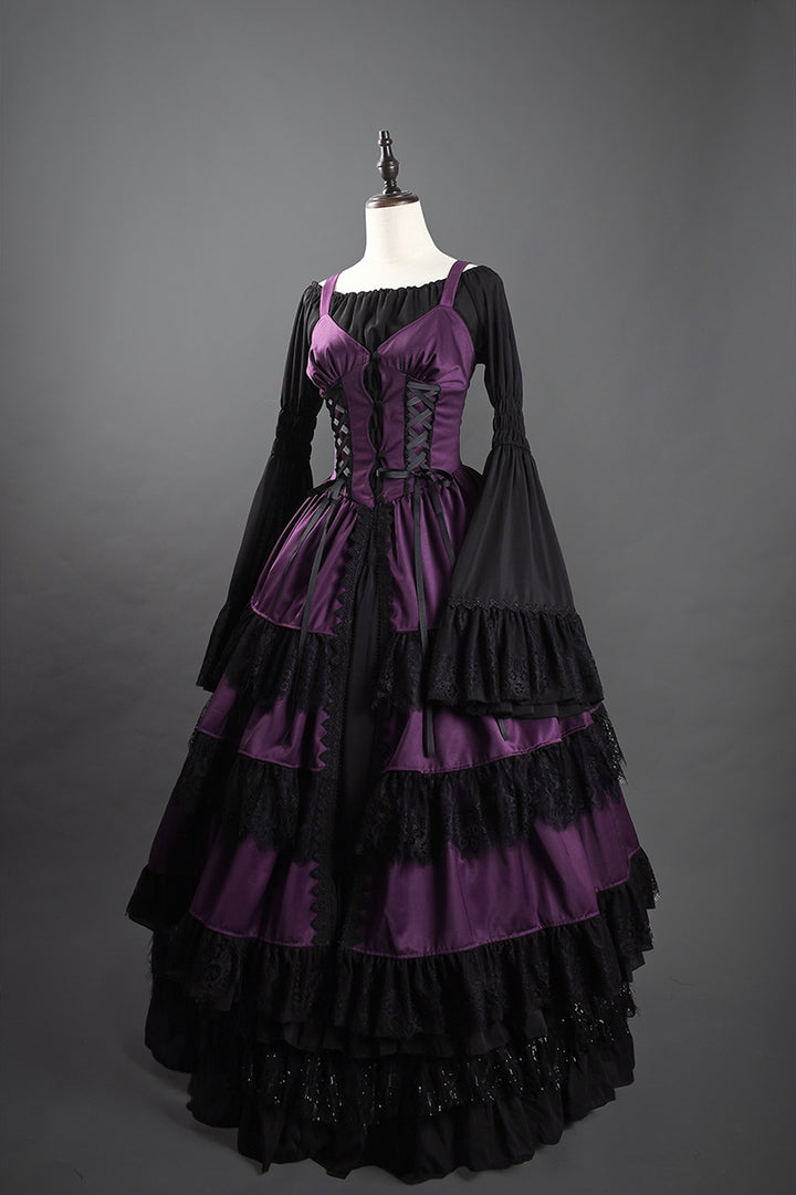 Victorian-Inspired Gothic Purple and Black Lace Ball Gown with Corset Bodice – Layered Satin Evening Dress Plus Size