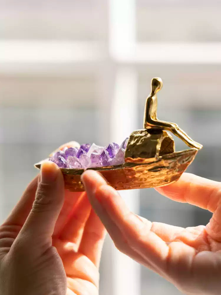 Antique Handmade Golden Brass Decor and Amethyst Decorative Stone