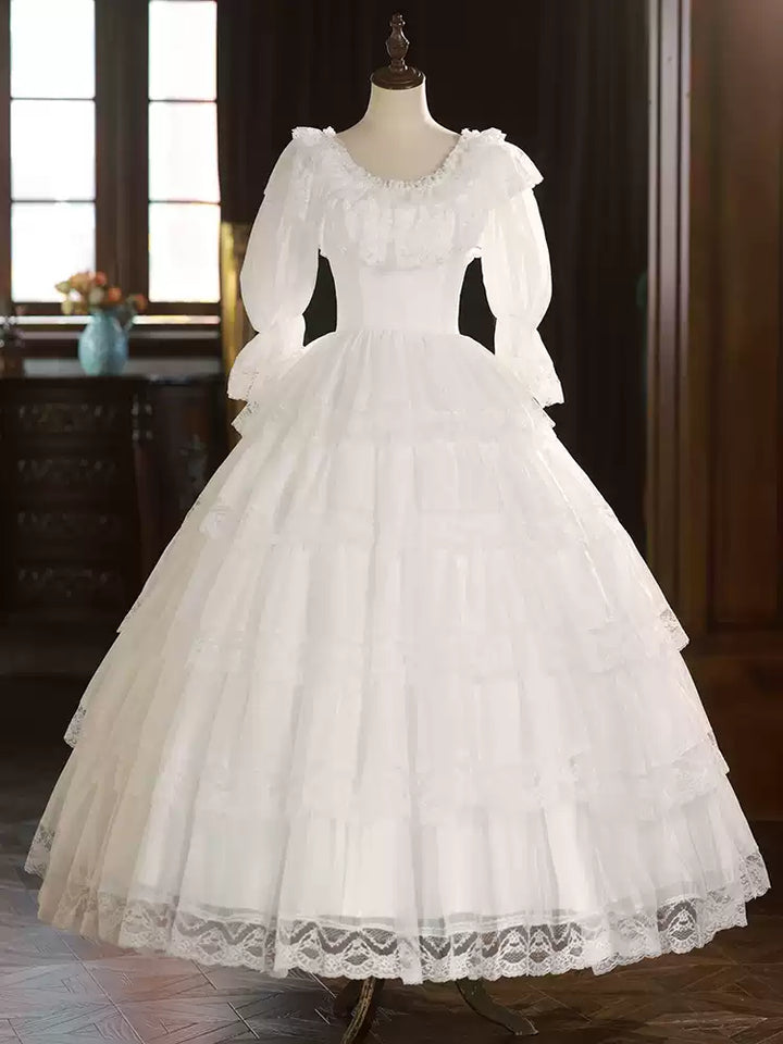 Lace Wedding Dress with Long Sleeves and Corset – Ruffle Layered Wedding Dress with Puff Sleeves Plus Size