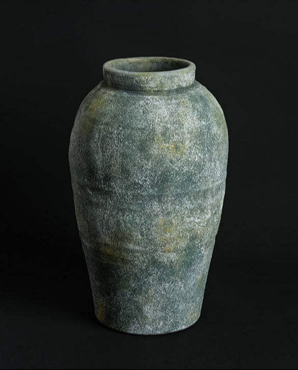Artistical Moroccan Handmade Berber Clay Vase in Copper Green Wabi-Sabi Style