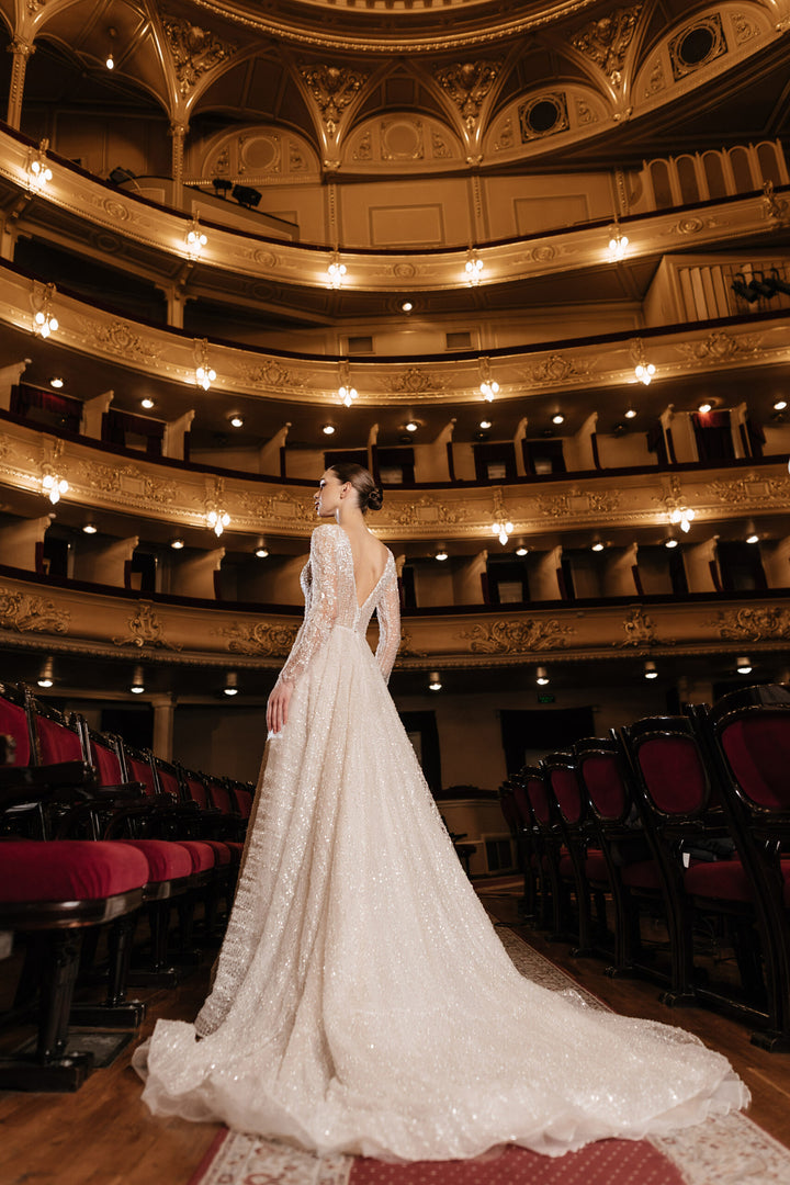 Ivory Sequin Wedding Dress with Long Lace Sleeves – A-Line Wedding Dress with Plunging Neckline Plus Size – VITTORIA