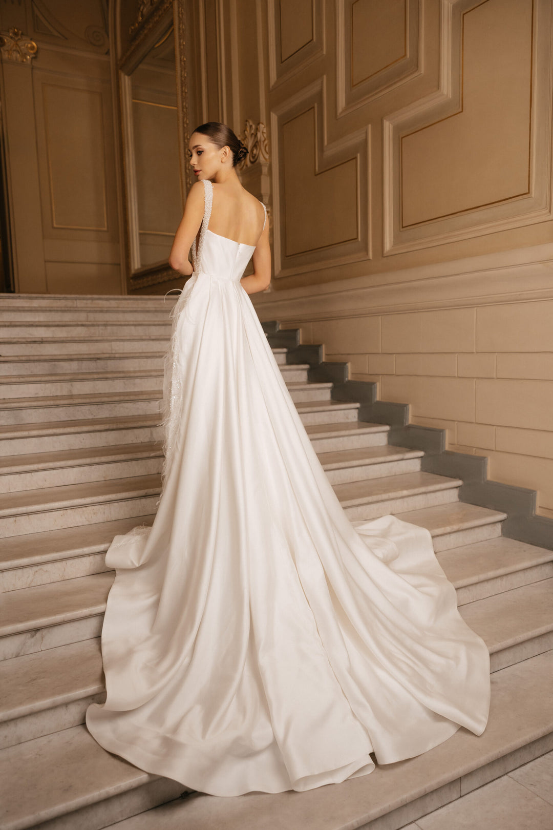 Ivory Satin Wedding Dress with Removable Train - Sleeveless Mermaid Wedding Dress with Pearl Straps Plus Size - ZOWIE