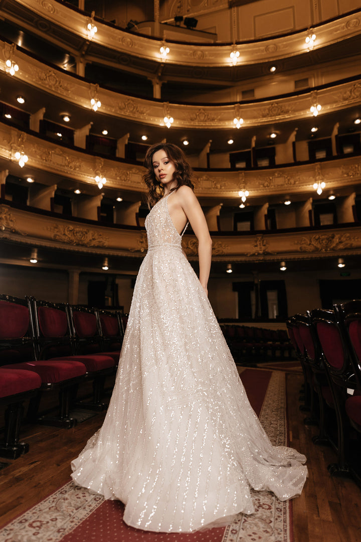 Ivory A-Line Wedding Dress with Deep Neckline – Sleeveless Sparkly Wedding Dress Plus Size – SCARLETT