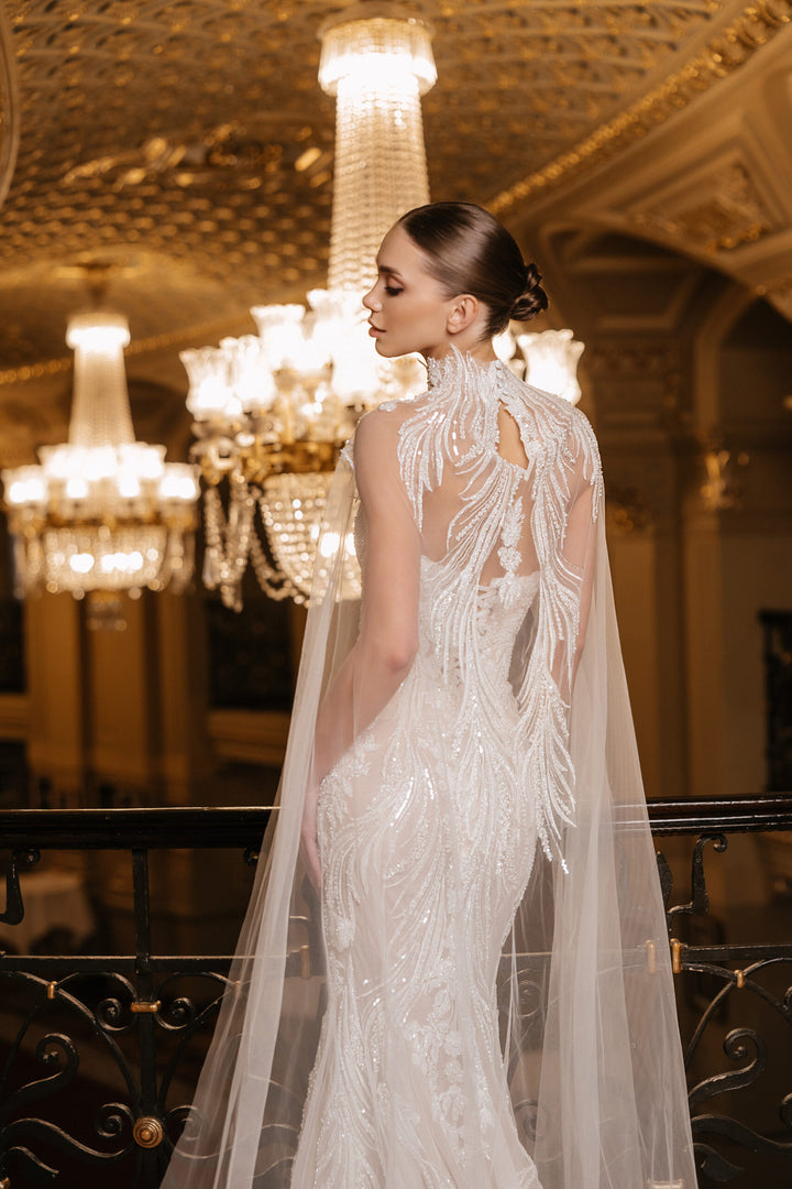 Ivory Lace Mermaid Style Wedding Gown with Cape – Sequin Wedding Dress with Sleeveless and Corset Plus Size – GABRIELLE