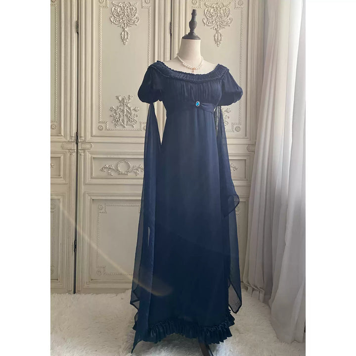 Regency Era Navy Blue Empire Waist Gown – Bridgerton Inspired Sheer Overlay Plus Size