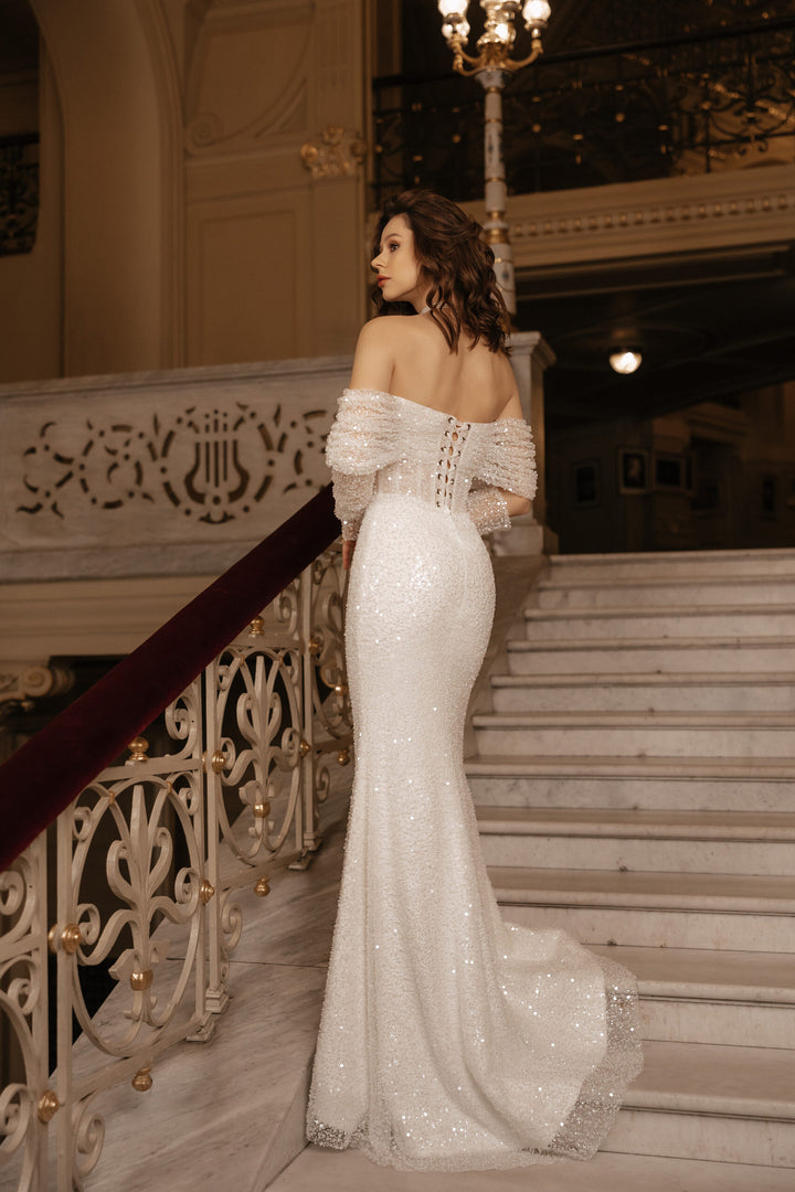 Ivory Mermaid Wedding Dress with Removable Sleeves – Sparkly Wedding Dress with Sleeves and Corset Plus Size – JOSIE