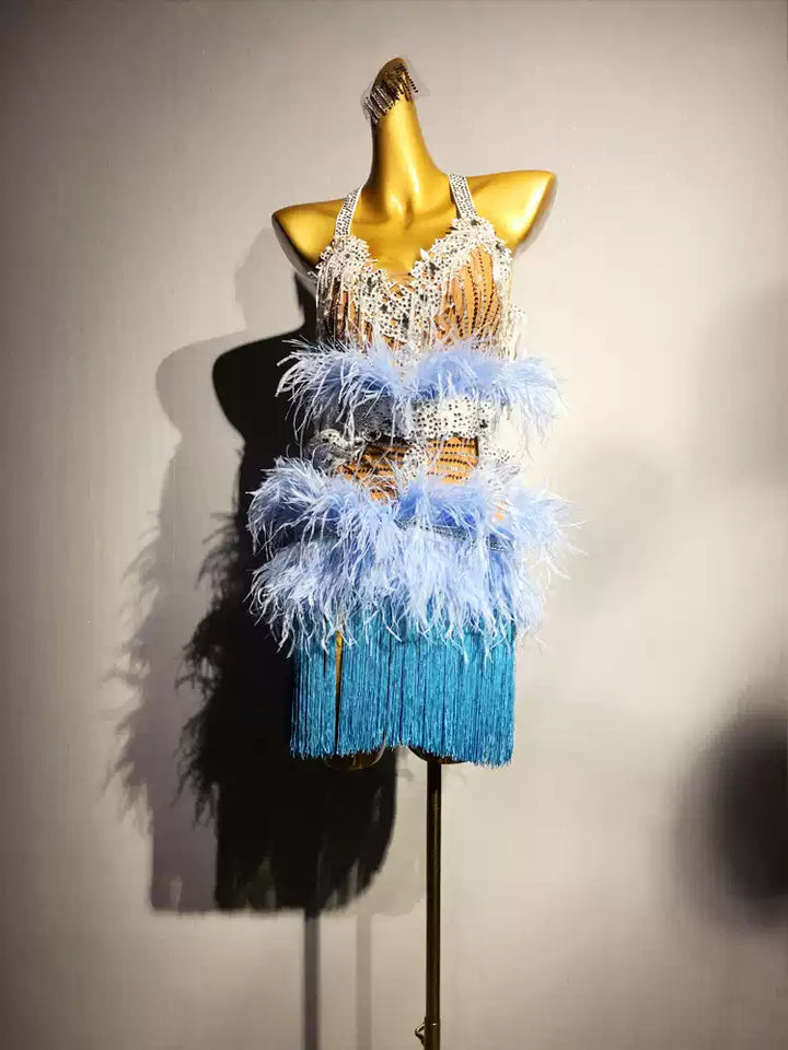 Blue Salsa Sequin Dress with Feather Trim and Fringe Skirt – Handmade Latin Ballroom Dance Costumes