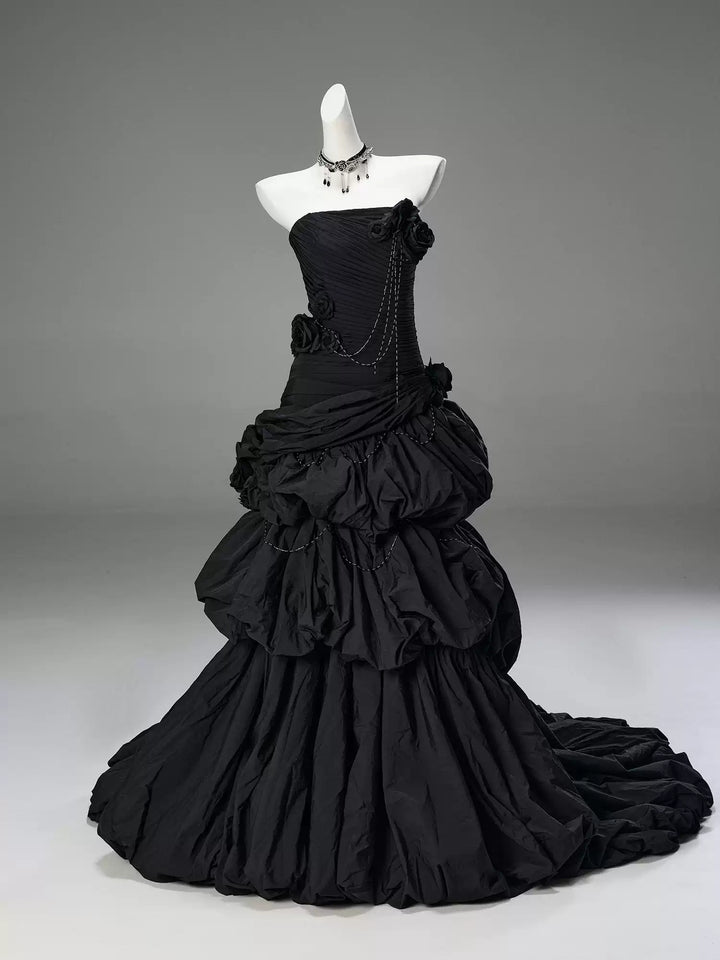 Gothic Black Strapless Evening Dress with Ruffled Skirt – Gothic Victorian Evening Dress with Corset Back Plus Size
