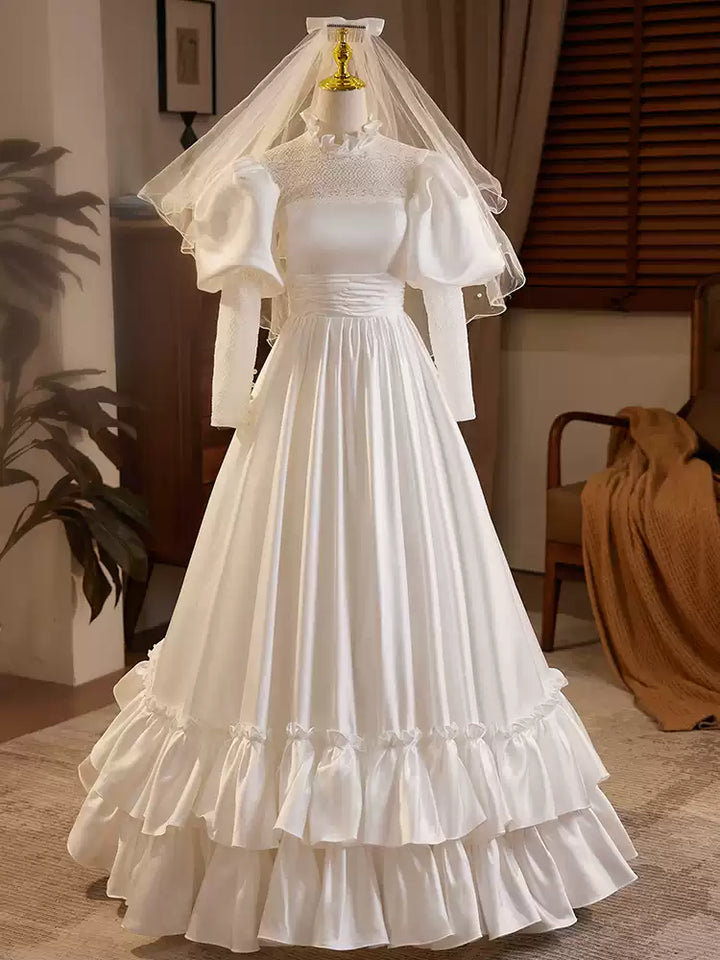 Victorian High Neck Wedding Dress with Puff Sleeves – Long Sleeves Wedding Dress with Ruffle Hem Plus Size