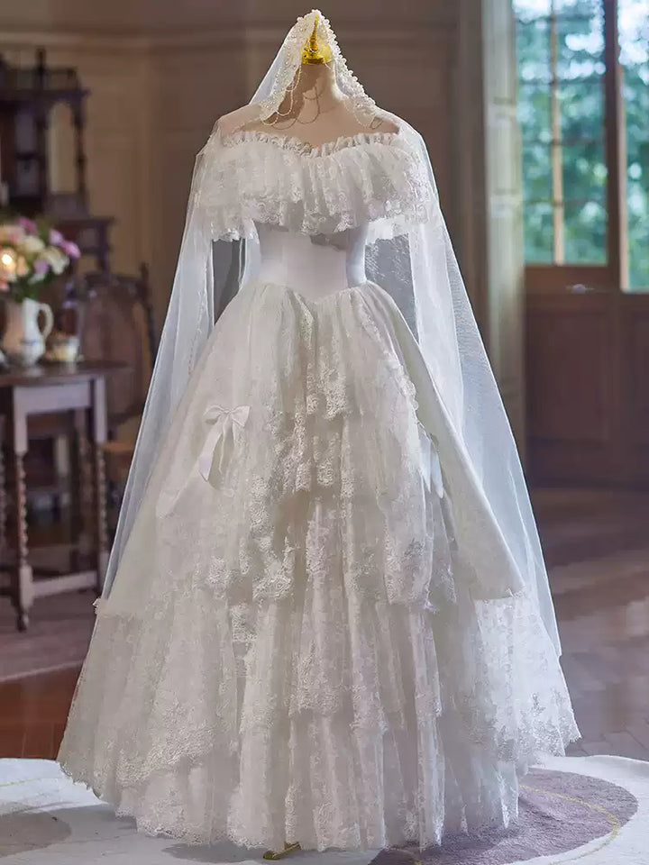 Off the Shoulder Wedding Dress with Ruffle Sleeves and Lace - Tiered Wedding Dress with Corset Back Plus Size