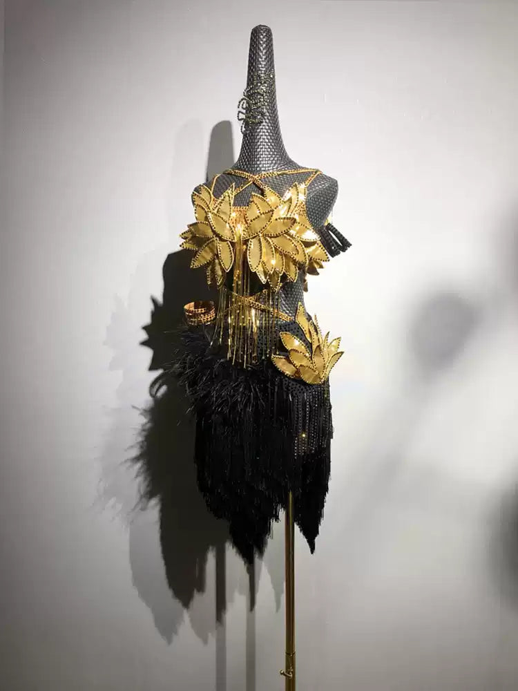 Gold and Black Salsa Dance Dress with Feather Trim and Handmade Floral Appliqué – Latin Dance Costumes