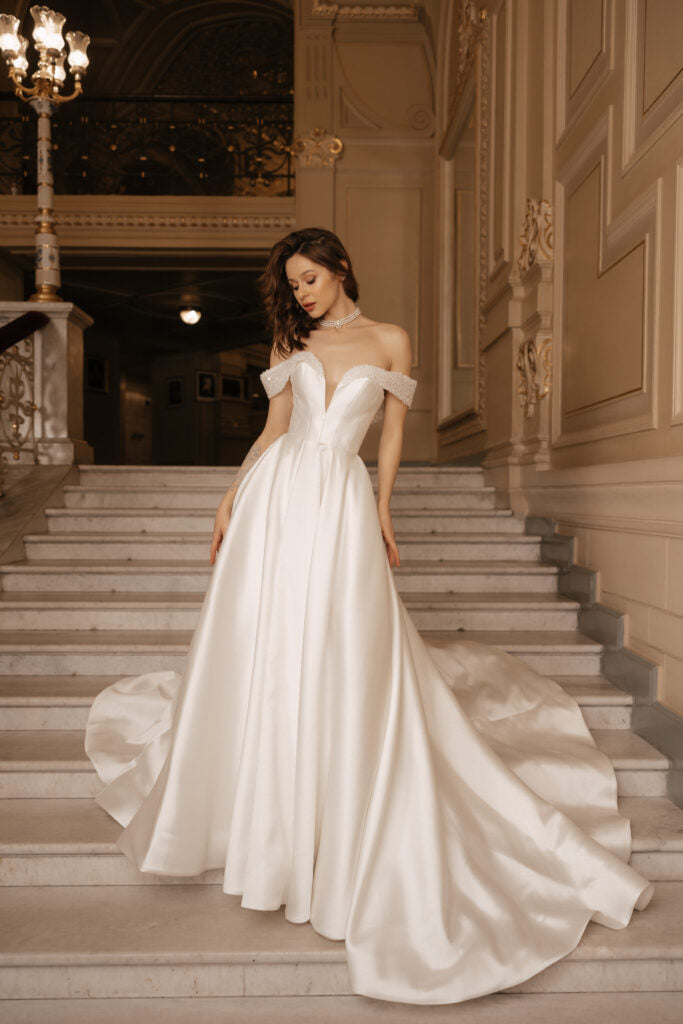 Ivory A-Line Wedding Dress with Long Train –  Off the Shoulder Wedding Gown with Pearl and Deep Neckline Plus Size – DANIELLE