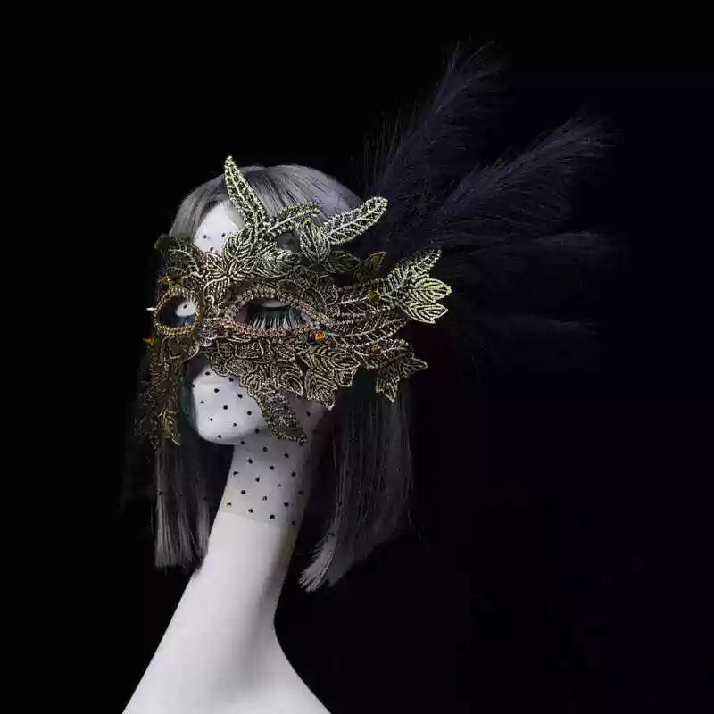 Vintage-Inspired Handmade Gold Masquerade Mask –  Venetian Feather Mask Masquerade with Lace