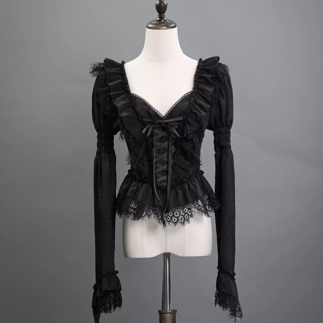Victorian-Inspired Gothic Black Lace Ball Gown with Long Sleeves and Corset Back – Baroque-Inspired Mourning Dress Plus Size
