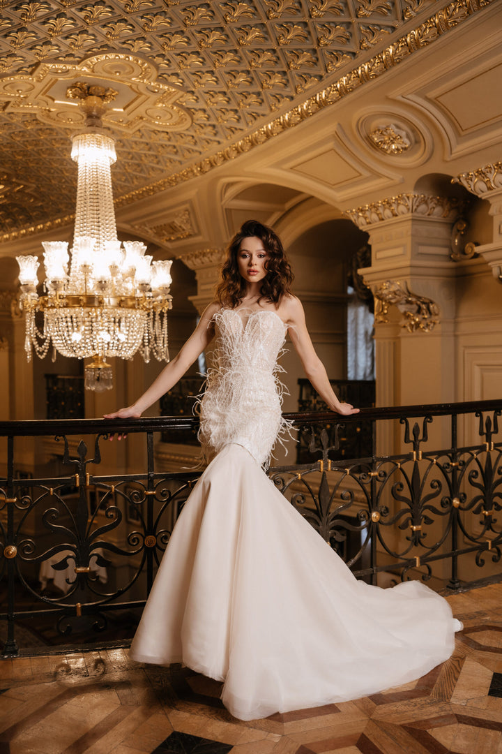 Ivory Convertible Wedding Dress with Feathers – Sequin Mermaid Wedding Dress with Train Plus Size – EMANUELA