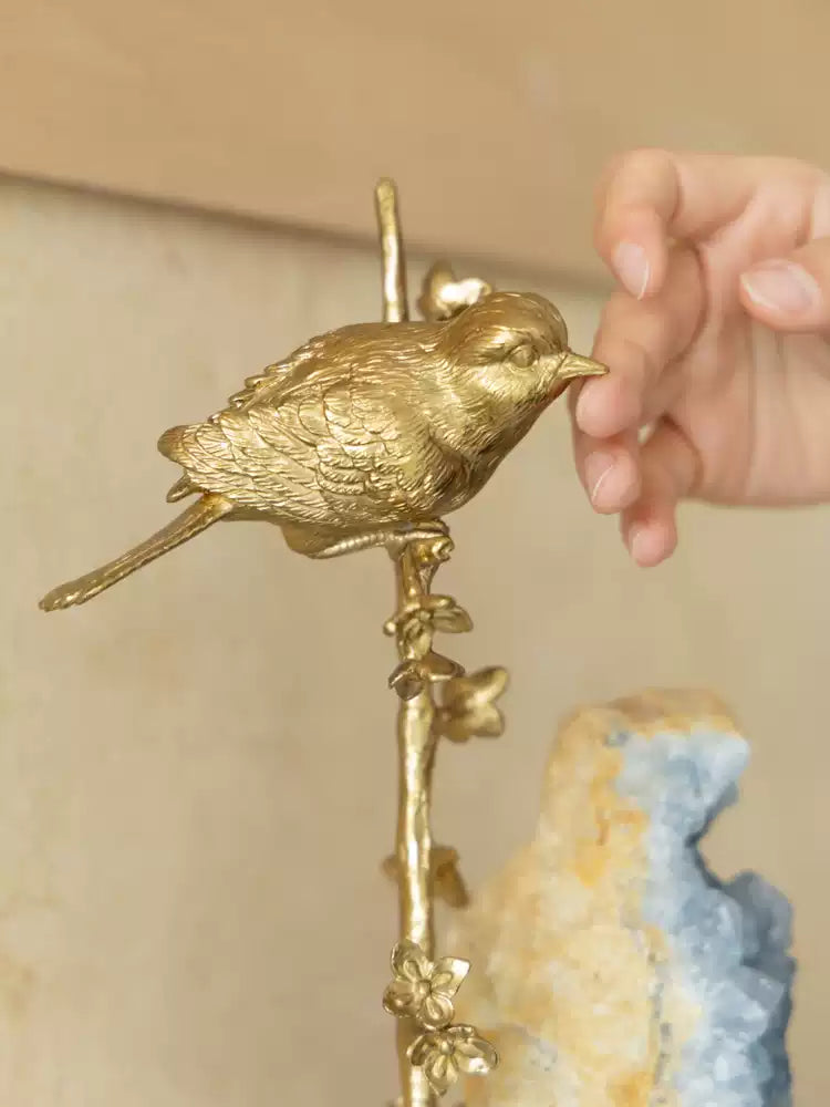 Oriental Handcrafted Golden Brass and Blue Crystal Bird Sculpture on Marble Base