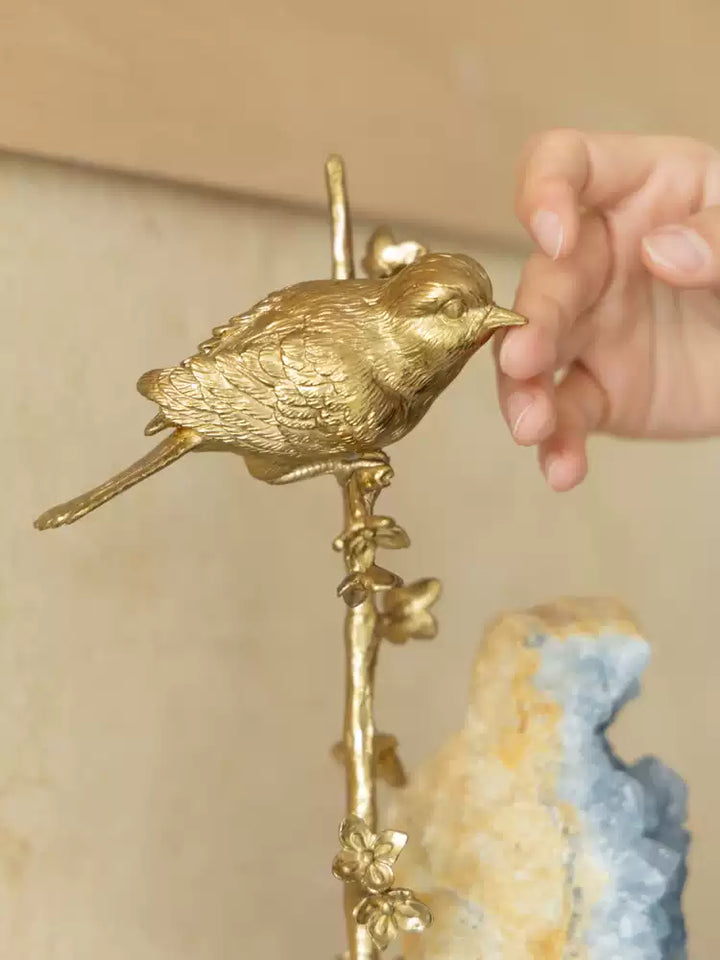 Oriental Handcrafted Golden Brass and Blue Crystal Bird Sculpture on Marble Base