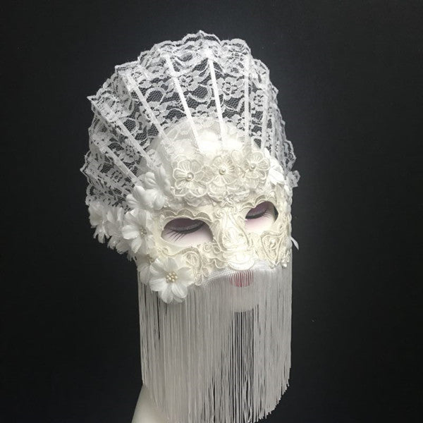 Victorian-Inspired Handmade White Lace Mask with Fringe Veil – Mardi Gras Mask for Masquerade Ball