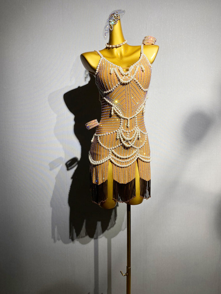 Nude Salsa Sequin Dress with Pearl Chains and Black Fringe – Handmade Latin Ballroom Dance Costume