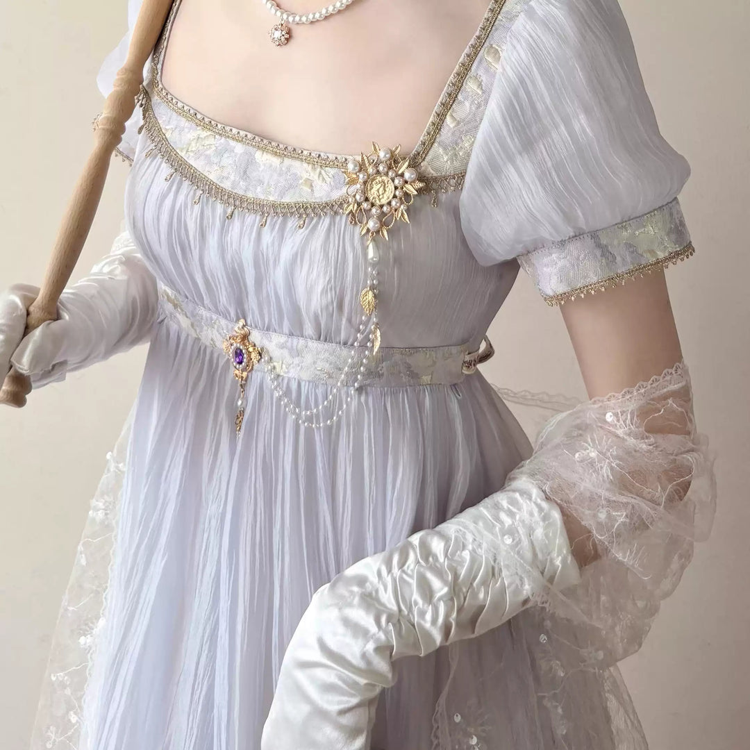 Regency Era Lavender Puprple Empire Waist Dress with Puff Sleeves and Gold Trim – Bridgerton Inspired Regency Era Dress Plus Size