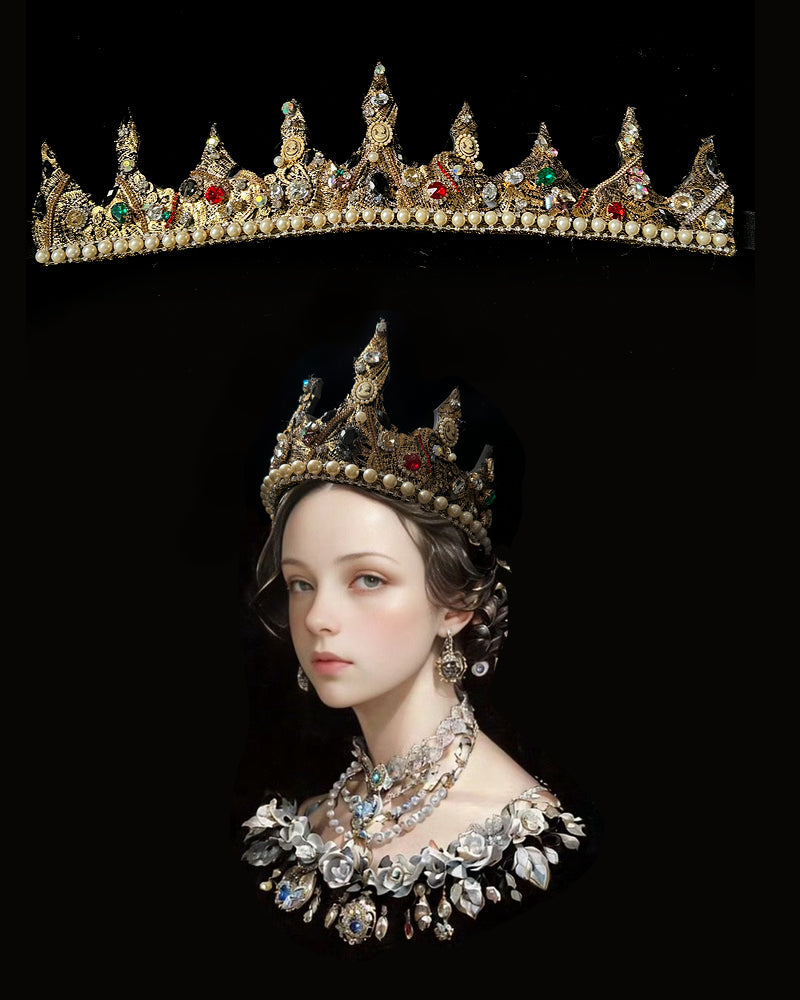 Vintage-Inspired Handmade Baroque Gold Crown with Multicolor Gems and Pearls – Adjustable Royal Crown for Masquerade