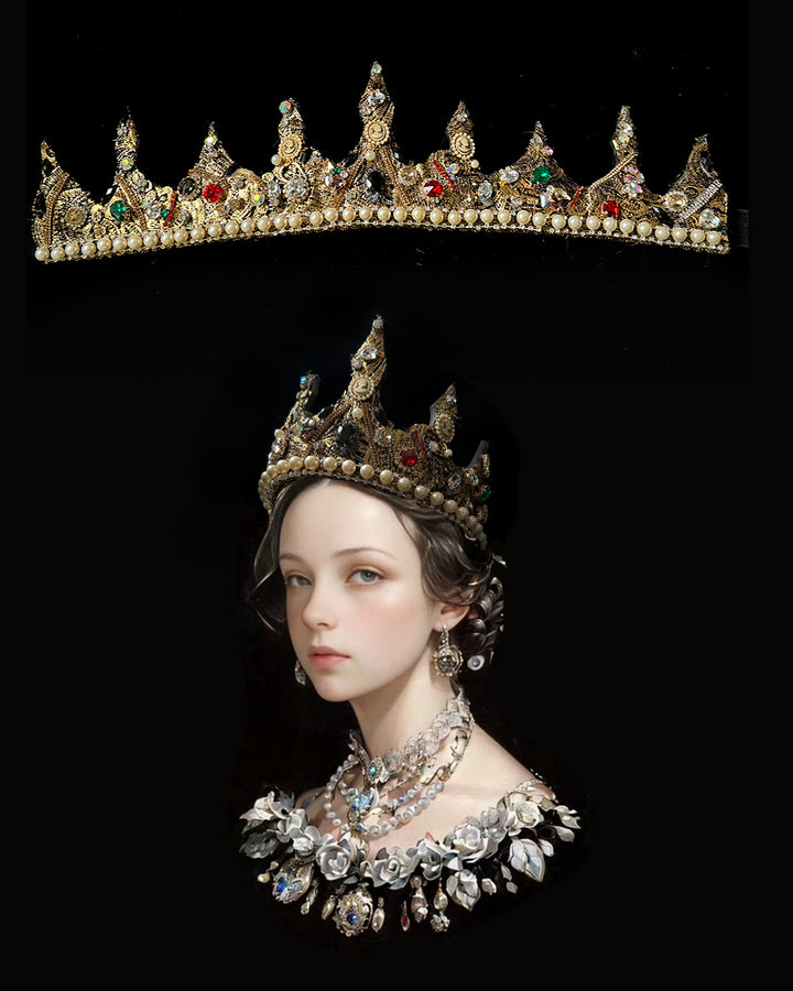 Vintage-Inspired Handmade Baroque Gold Crown with Multicolor Gems and Pearls – Adjustable Royal Crown for Masquerade